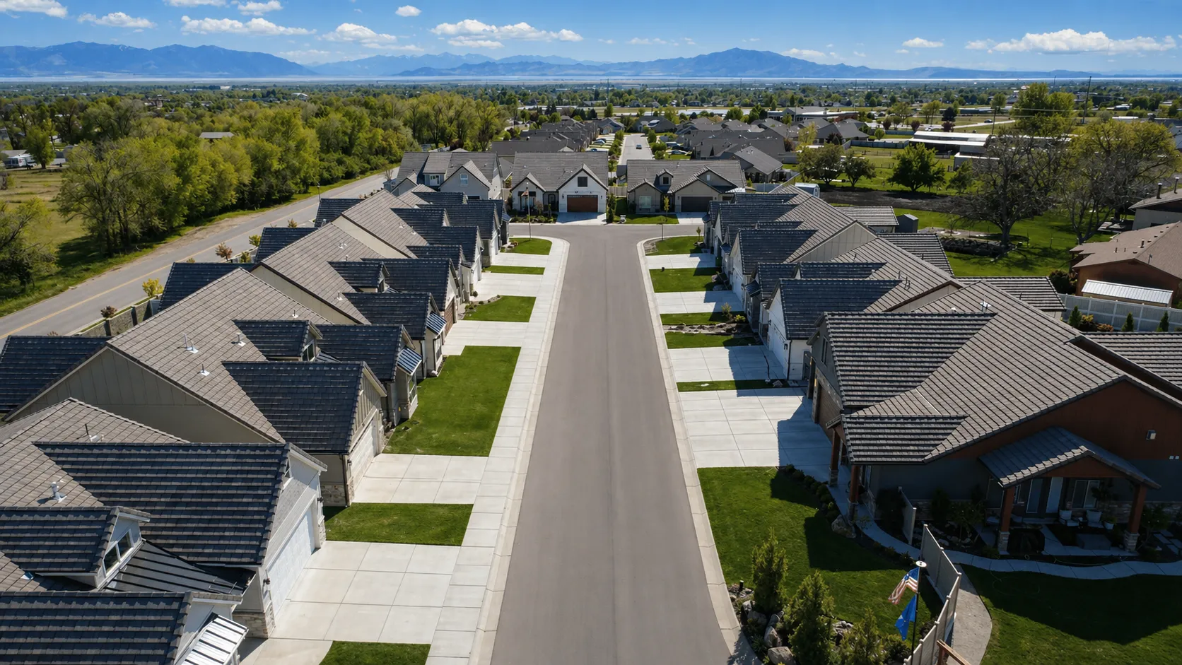 Aerial view down the street of the Cottages at Church community in Layton, with the valley beyond