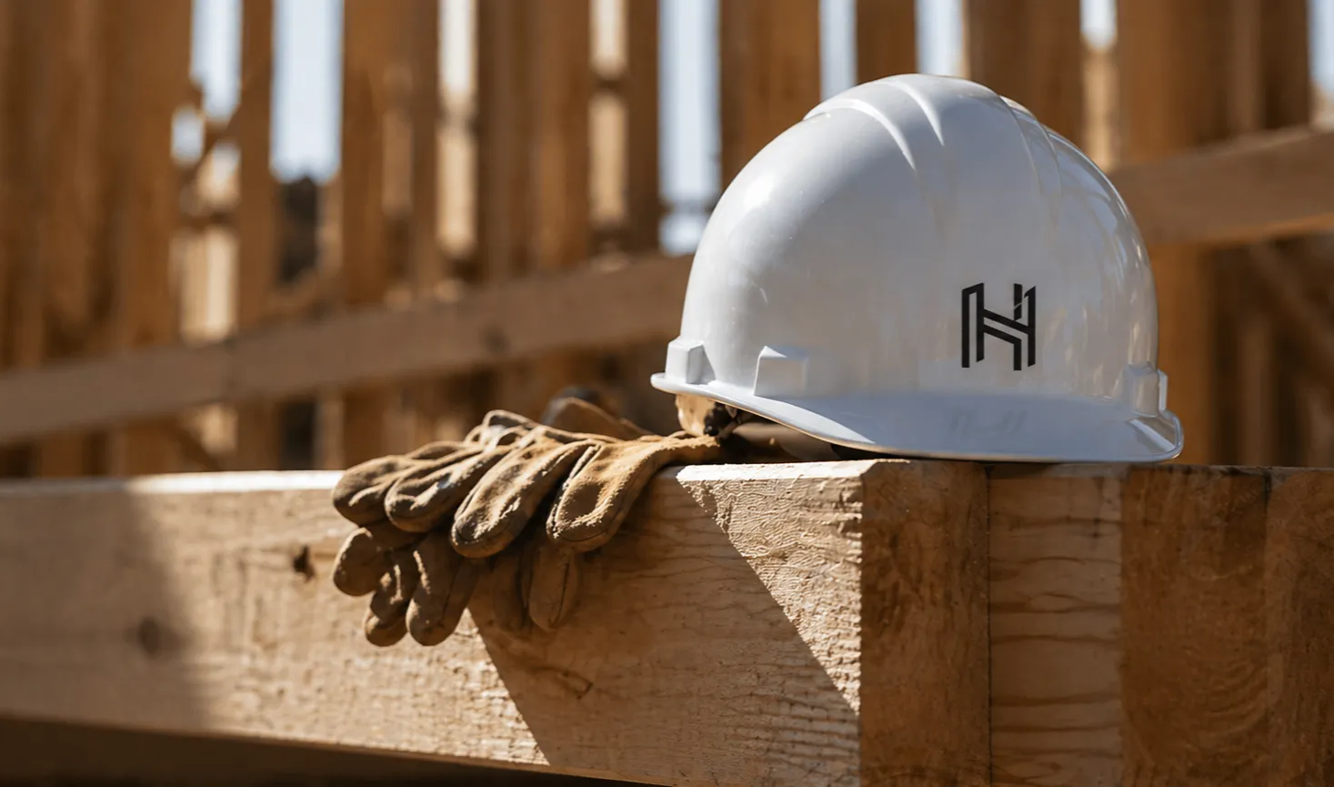 A HydeCo hard hat and work gloves resting on framing lumber on site
